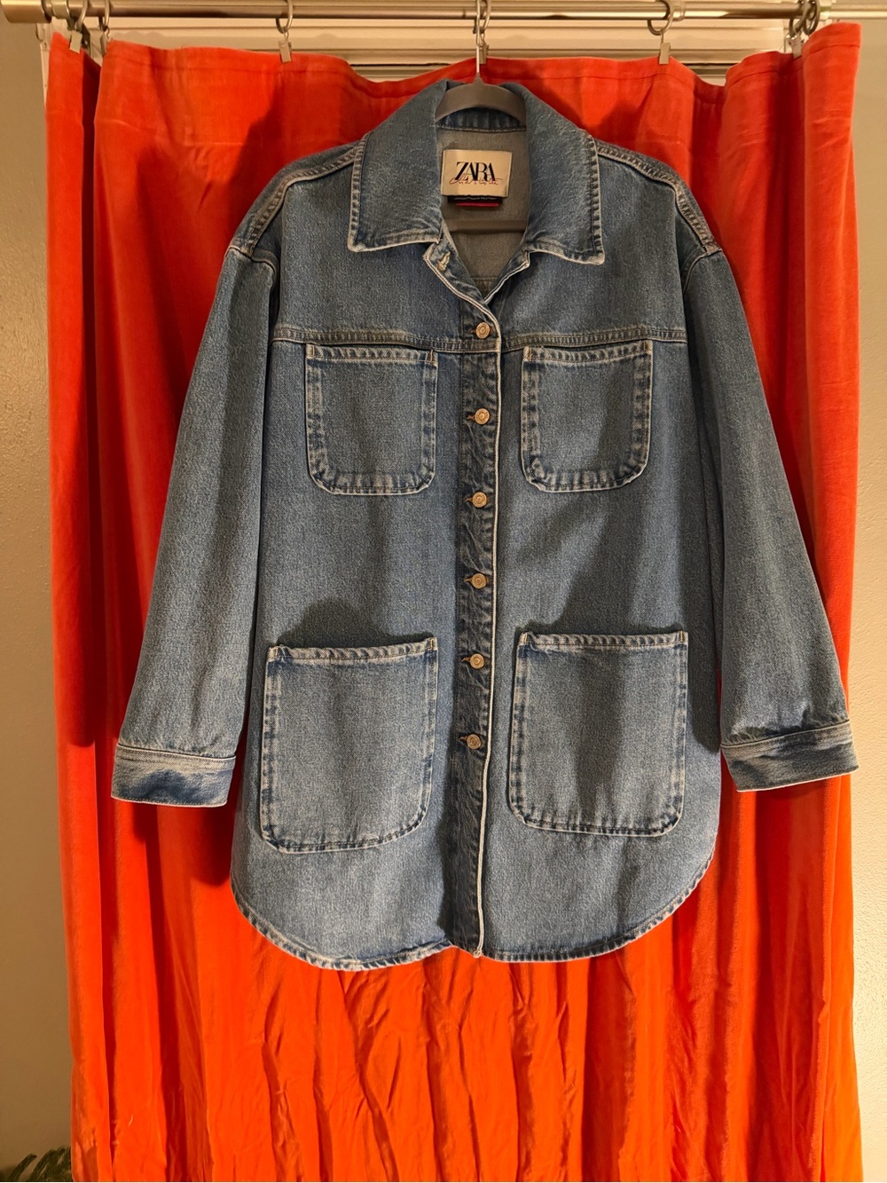ZARA Medium Blue Denim Oversized work Jean Jacket with Patch Pockets
